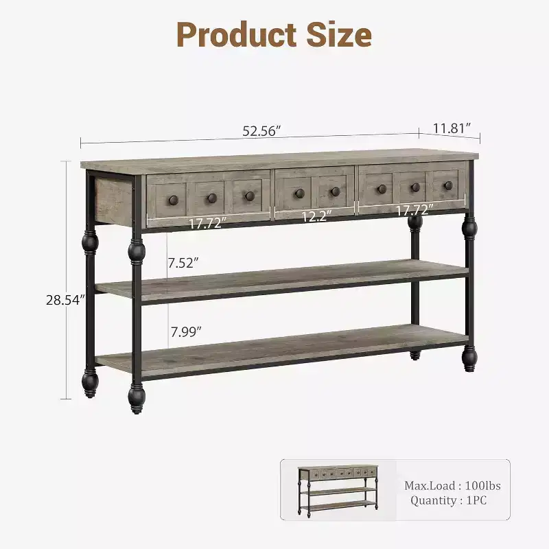 Industrial Console Table with 3 Drawers, 3-Tier Entryway and Sofa Table, Metal Frame Behind Couch Table, Hallway Storage Table