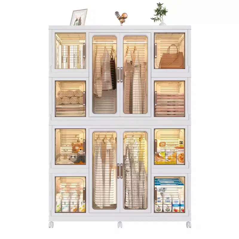 Portable Wardrobe Closet Organizer, 12 Magnetic Doors, 12 Cubes & 2 Hanging Rods