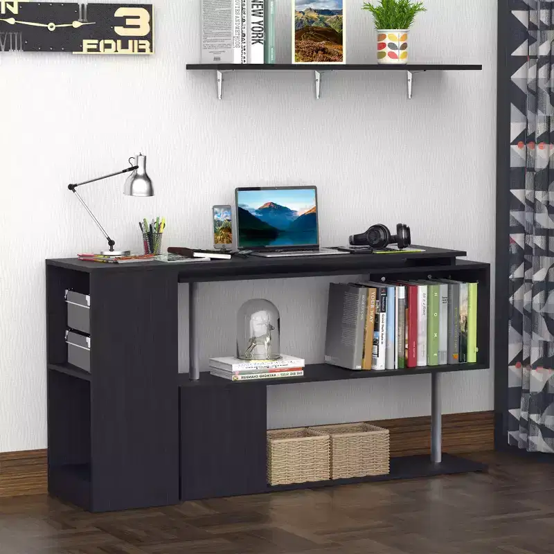 55 360 Degree Rotating Corner Computer Desk Modern L-Shaped Home Office Workstation with 3-Tier Storage Shelves, Bookshelf