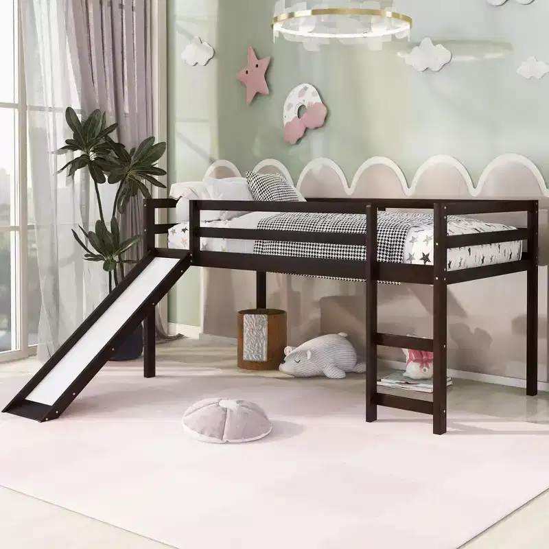 Twin Size Solid Wood Low Loft Bed with Slide, Ladder & Guardrails, Minimalist Bed Frame for Kids