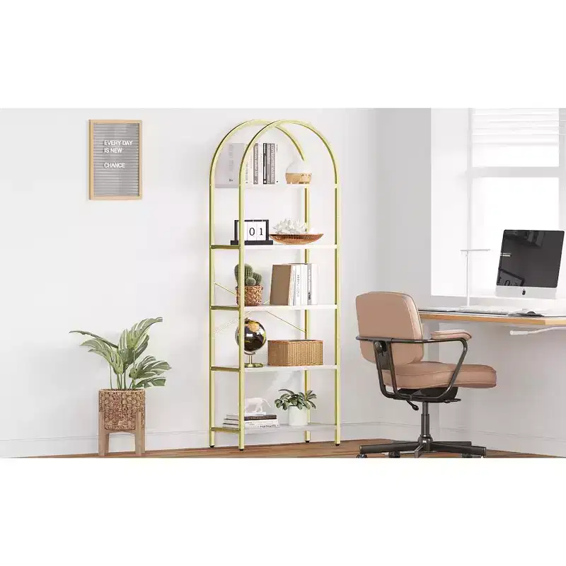 5-Tier Arched Bookshelf  70.8 Tall Freestanding Storage Rack Gold & White for Living Room Bedroom Office