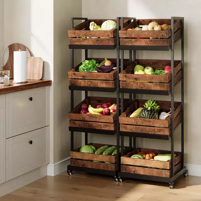 Lantine 4-Tier Wooden Kitchen Cart with Wheels, Mobile Fruit and Vegetable Storage, Utility Shelf, Organizer Rack for Pantry, Bedroom, Living Room