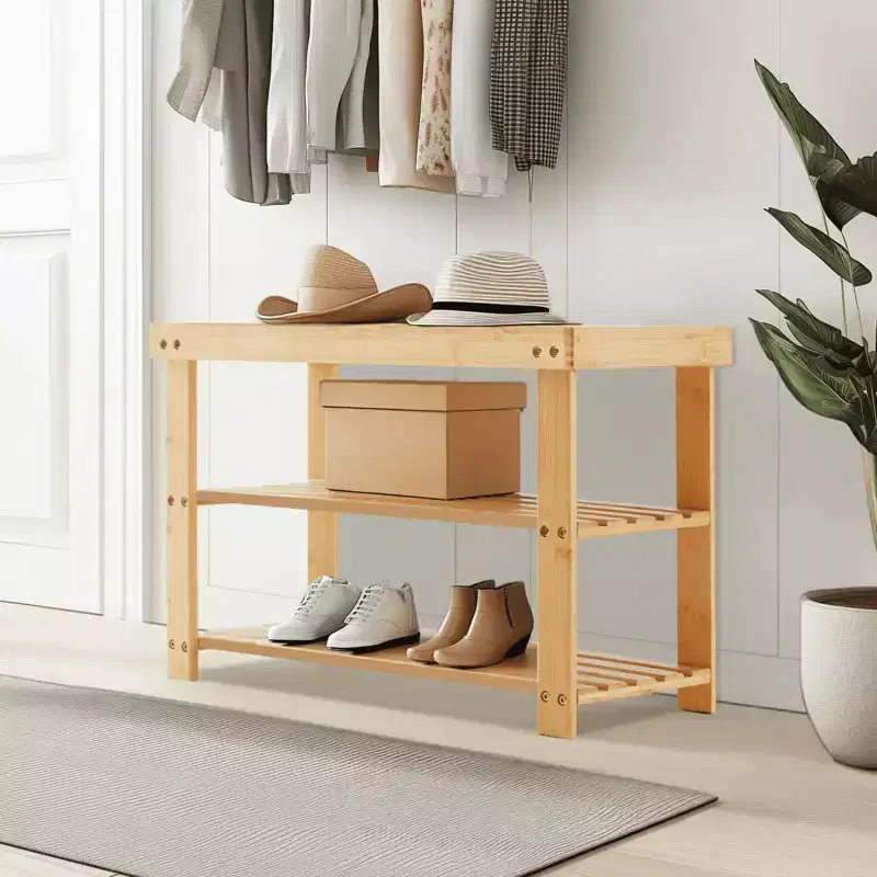 MAYEERTY 3-Tier Bamboo Shoe Rack Bench Compact Storage 286lb Capacity