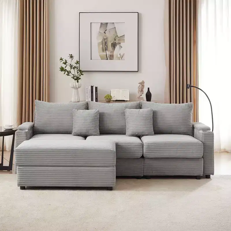 MAYEERTY 95.3 Modern 3 Seater Sectional Sofa with Storage Ottoman Two Ports Two Cup Holders for Living Room Gray