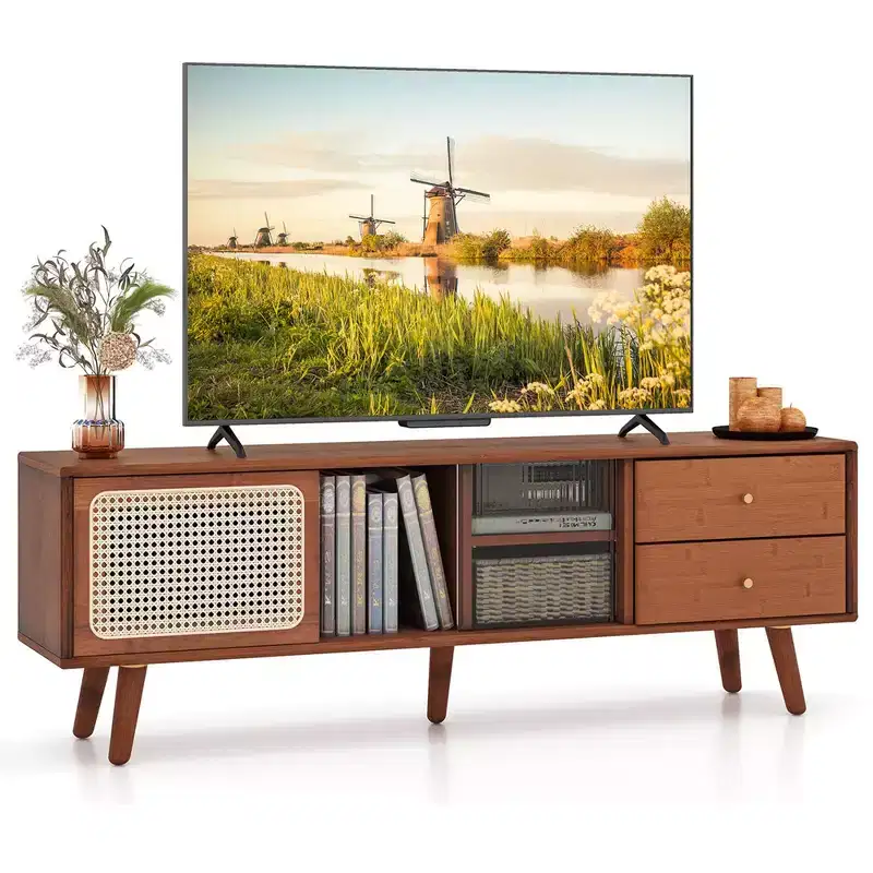 Costway Bamboo TV Stand Console Table with PE Rattan Door & 2 Drawers for TV up to 65 Brown/Natural