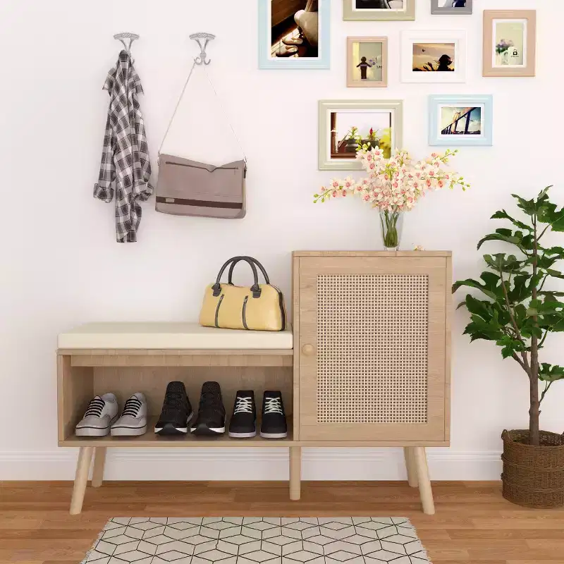 2-in-1 Modern Entryway Shoe Storage Bench with PP Rattan Cabinet, 2 Adjustable Shelves, Removable Cushion for Small Spaces-Panipeachy