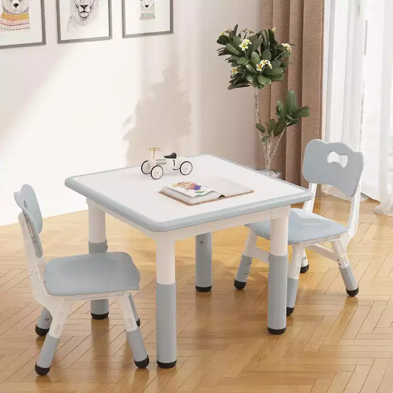CuisinSmart Kids Table and 2 Chairs Set, for Ages 2-10, Height Adjustable Toddler Table and Chair Set, Gray Blue