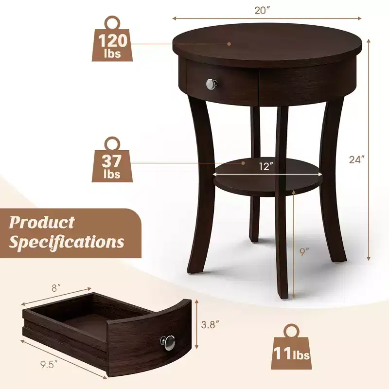 tier Side End Sofa Table Round Nightstand Bedroom Living Room White/Espresso/Black