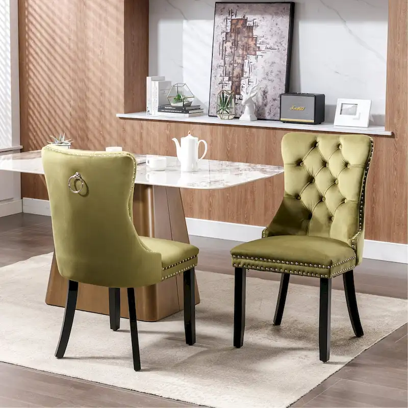 Modern Set of 2 Velvet Tufted Dining Chair with Wood Legs and Nailhead Trim