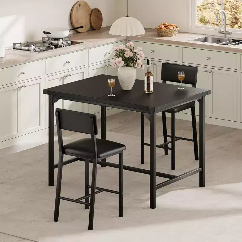 Dining Table Set for 2 W/Footrest & Backrest, Counter Height Table with 2 Upholstered Bar Chairs, Kitchen Table Set with Corner Protector
