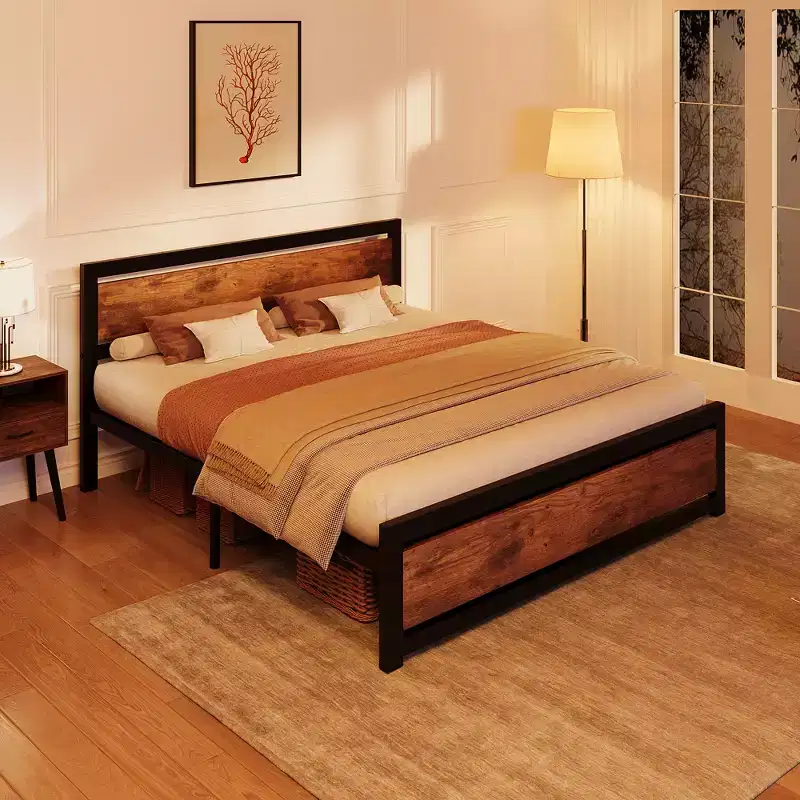 Metal Platform Bed Frame with Wooden Headboard and Footboard