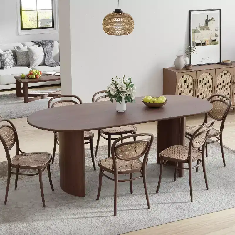 PexFix 67 Oval Dining Table Farmhouse Wood Kitchen Table for 4-6 with Arc-Shaped Edge Top and Curved Shape Base for Living/Dining Room in Walnut