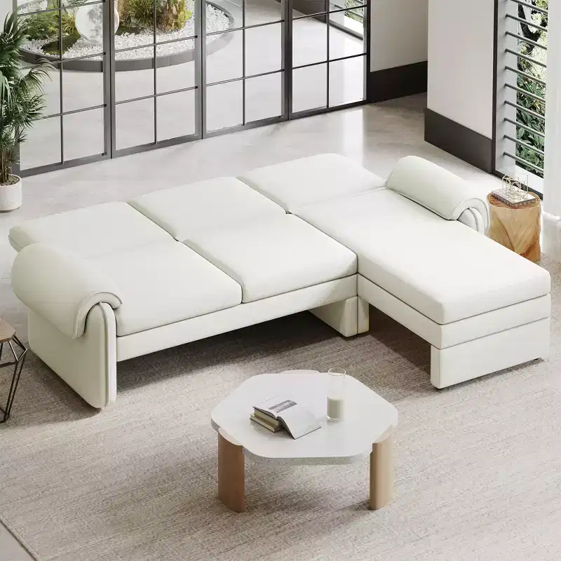 94W Convertible Futon Sofa Couch Sofa Bed with Adjustable Backrest, Reversible Chaise Lounge and Removable Armrest Pillows, Beige/Gray-ModernLuxe