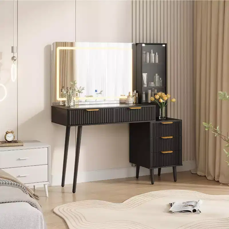 48 Fluted Makeup Vanity Desk with 3-Mode Lights Mirror, Makeup Vanity Glass Top & Power Outlet - Modern Dressing Table for Bedroom