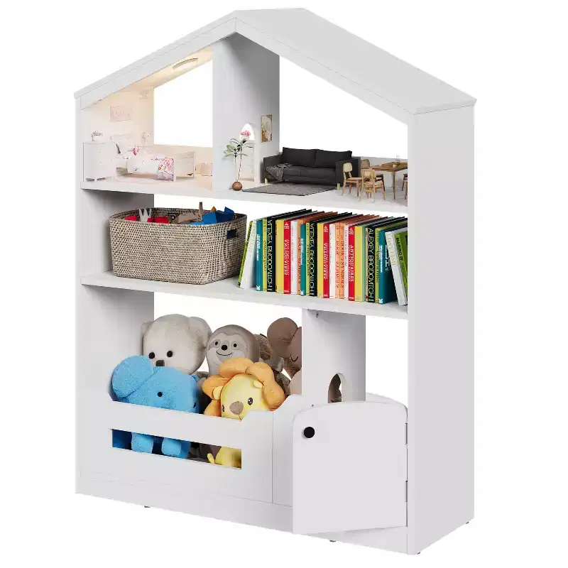 Kids Bookshelf, House-Shaped Storage Display Shelf, Wooden Toddler Bookcase w/Motion Sensor Light for Kids,Dollhouse Bookshelf for Playroom Bedroom