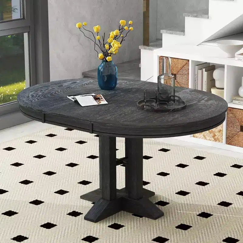 Farmhouse Style Wood Extendable Pedestal Base Dining Table with 14 in. Leaf