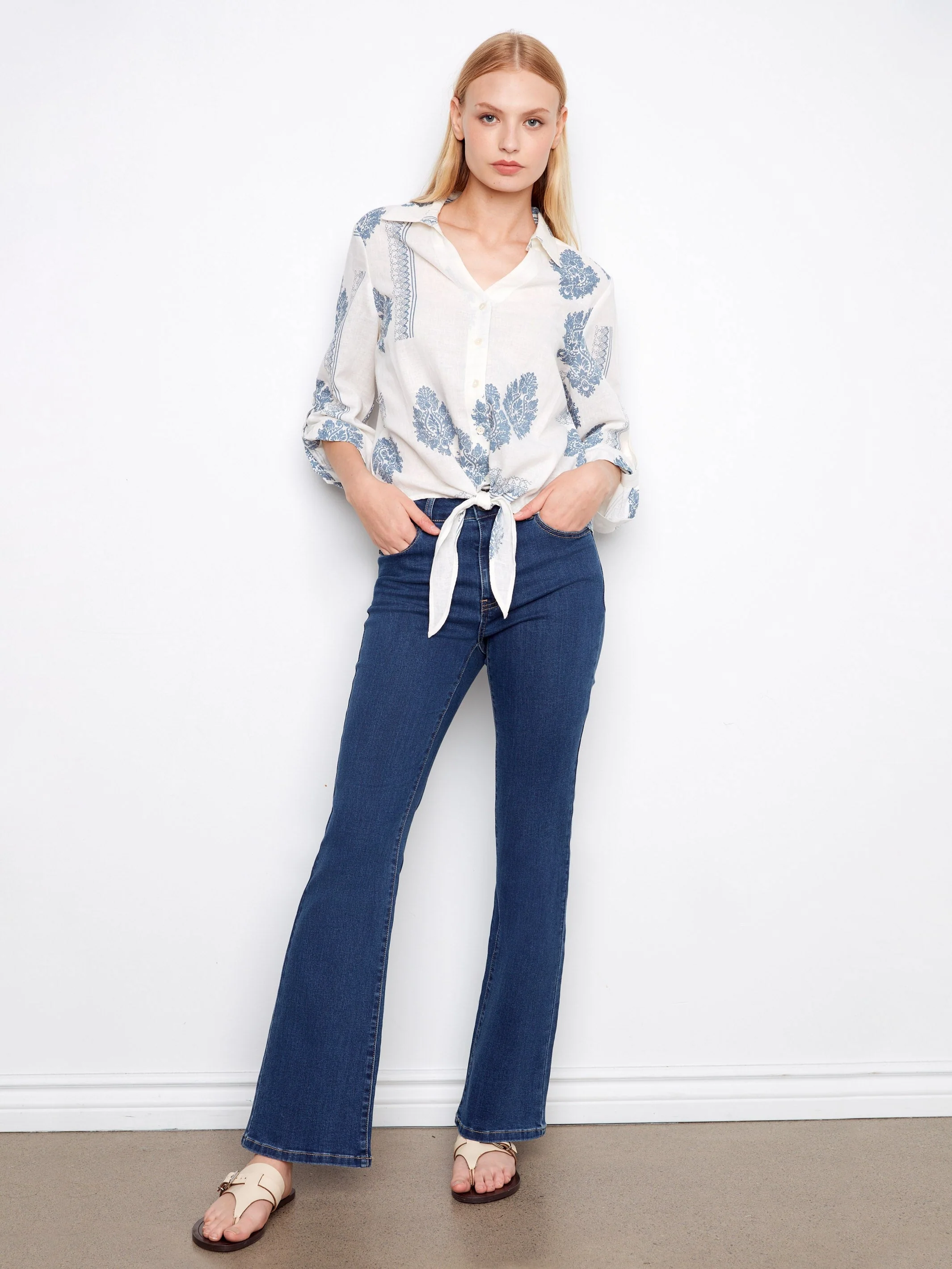 Printed Linen Blend Button-Up Blouse - Blue