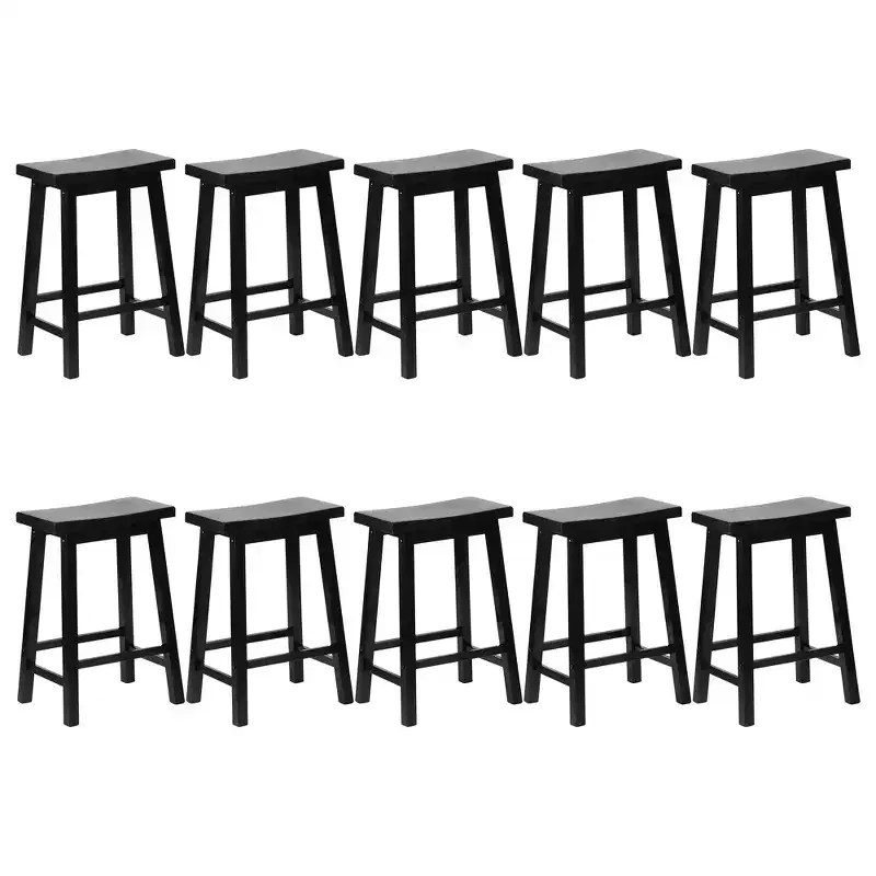PJ Wood Classic Saddle-Seat 24 Tall Kitchen Counter Stools for Homes, Dining Spaces, and Bars w/Backless Seats, 4 Square Legs, Black (Set of 10)