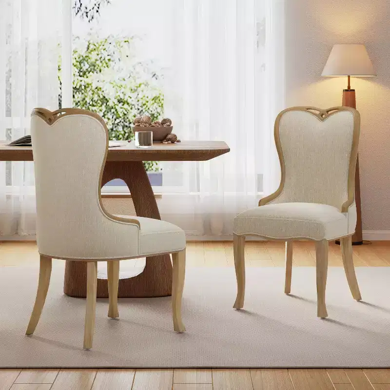 Set of 2 French Country Tufted Wingback Dining Chairs – Rubberwood Frame, Upholstered