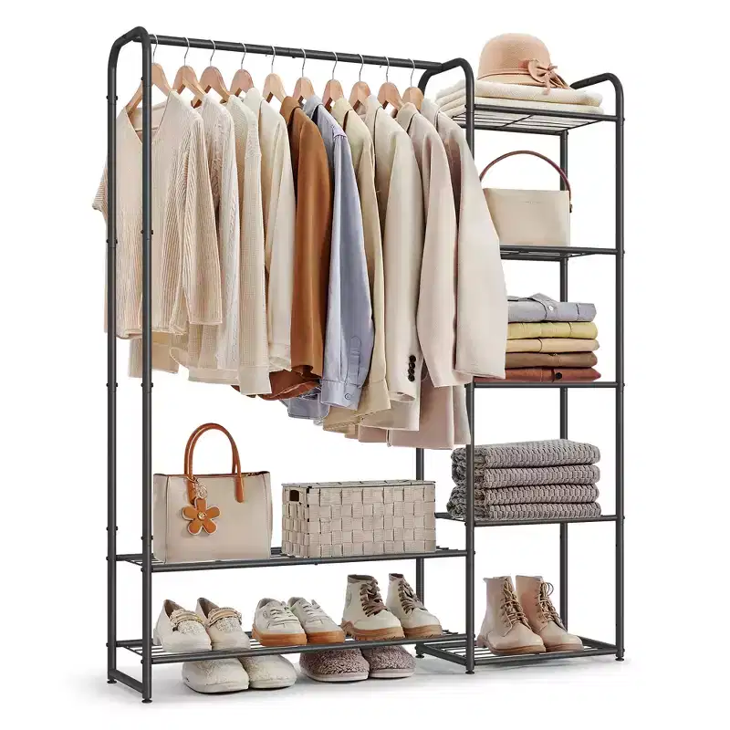 Wardrobe Closet, 44.1 Inch Portable Clothes Rack with 7 Shelves & Hanging Bar, Heavy-Duty Steel Frame for Bedroom Closet, Black