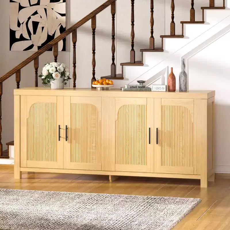 71 Modern Farmhouse Buffet Sideboard Credenza with Fluted Doors, Adjustable Shelves and Cable Management, Multi-Use Storage Cabinet