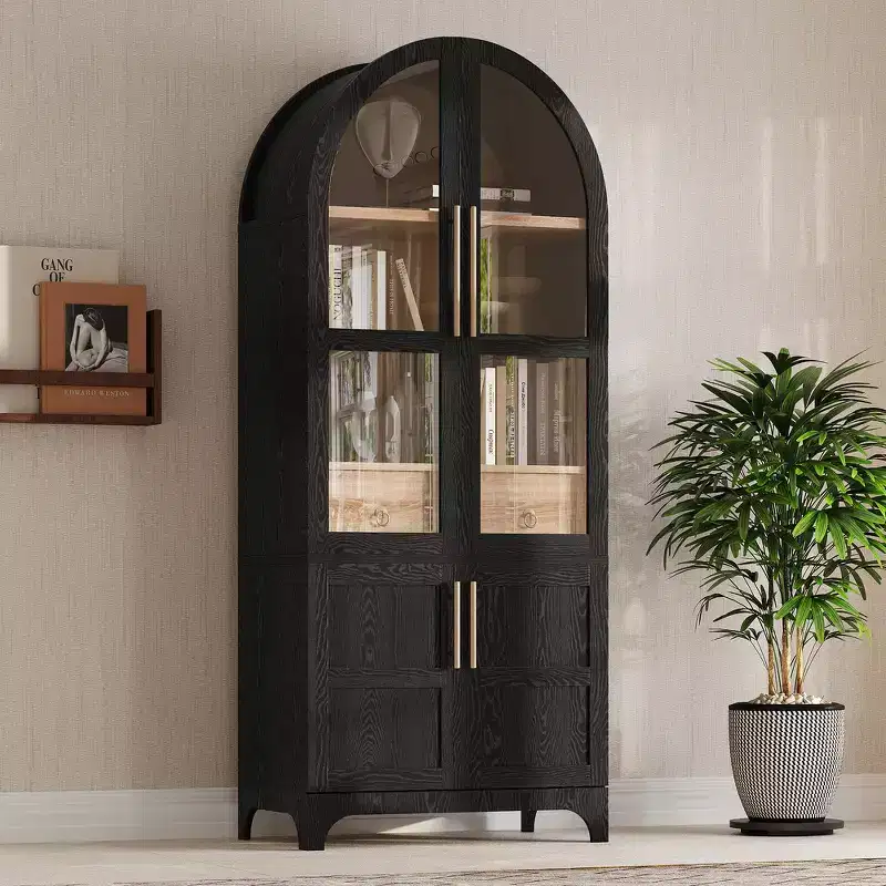 Whisen 71 Tall Arched Kitchen Pantry with Door Shelves, Hidden Drawer & Glass Door