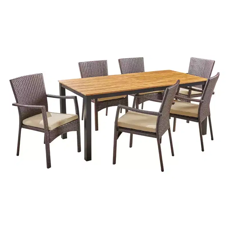 GDFStudio Opal Outdoor Wicker and Acacia Wood 7 Piece Dining Set with Cushion, Teak/Cream