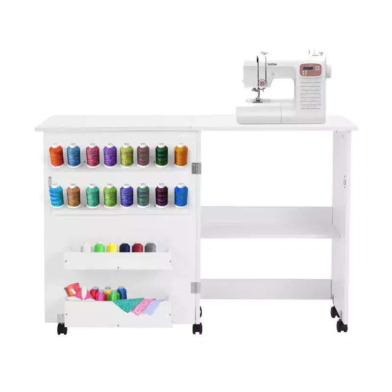 Foldable Sewing Table with Storage Shelf, 16 Spool Holders, Magnetic Door & Caster Wheels