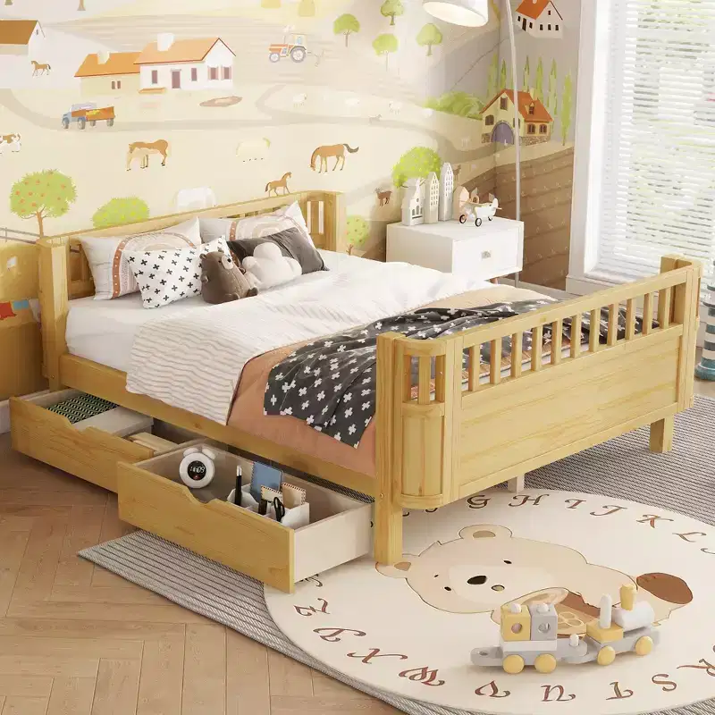 Full Size Wood Platform Bed for Kids, Wood Low Profile Full Bed with Rails for Girls and Boys, Natural