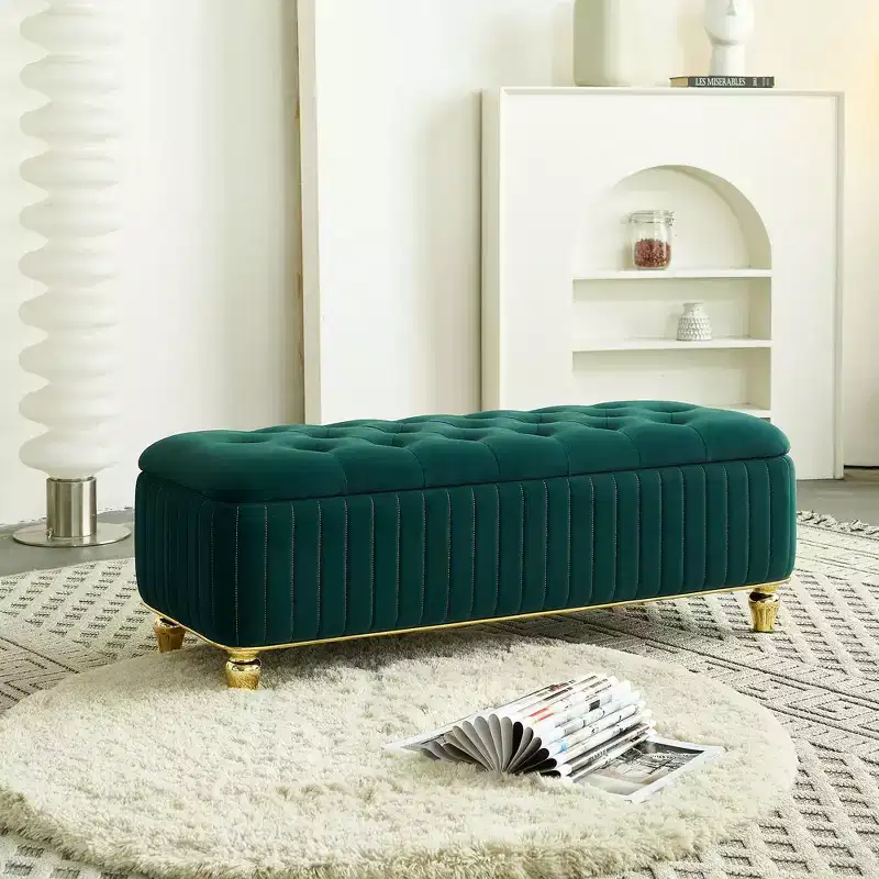 TUYOHW Upholstered Storage Ottoman with Safety Hinge, Gold Decoration Strip and Gold Embroidery Footstool, Ottoman Bench for Living Room