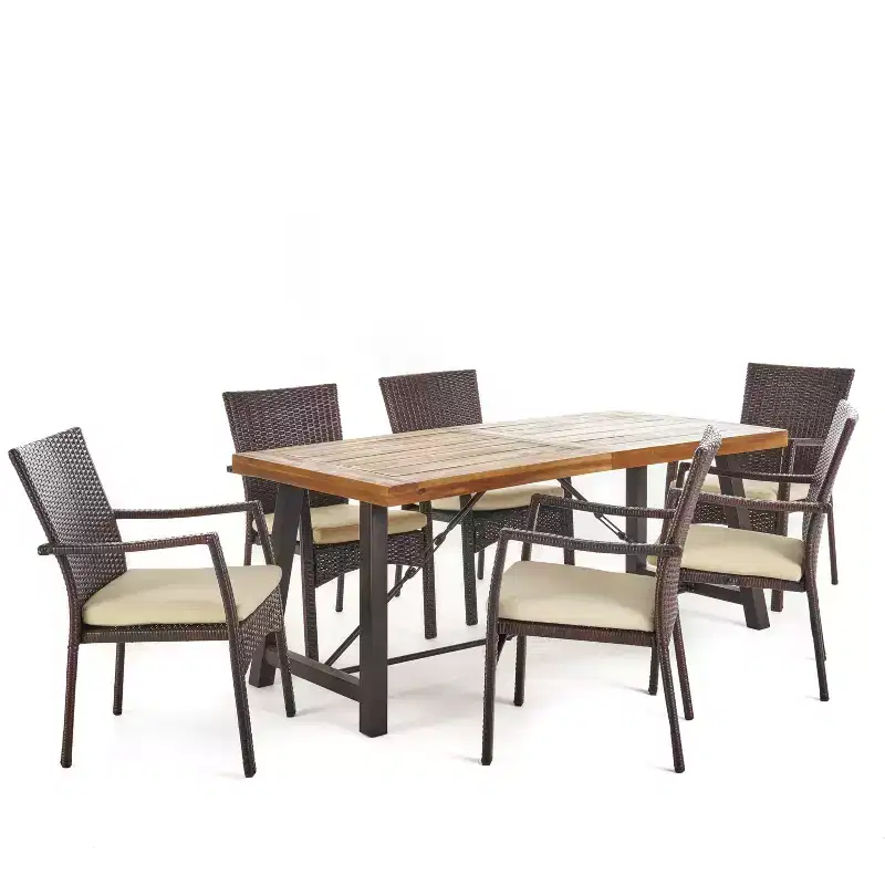 GDFStudio Malic Outdoor Acacia Wood and Wicker 7 Piece Dining Set with Cushion, Cream/Teak