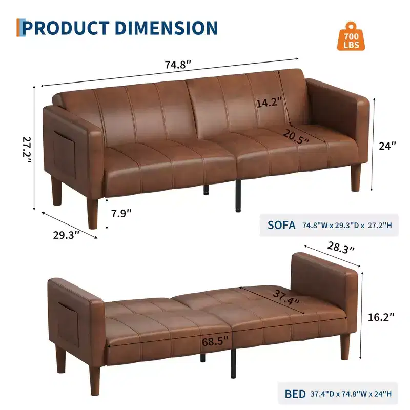 75 Convertible Futon Sofa Bed, PU Leather Loveseat Sofa Bed, Adjustable Backrest, Side Pockets, Space-Saving Sleeper Sofa, Brown