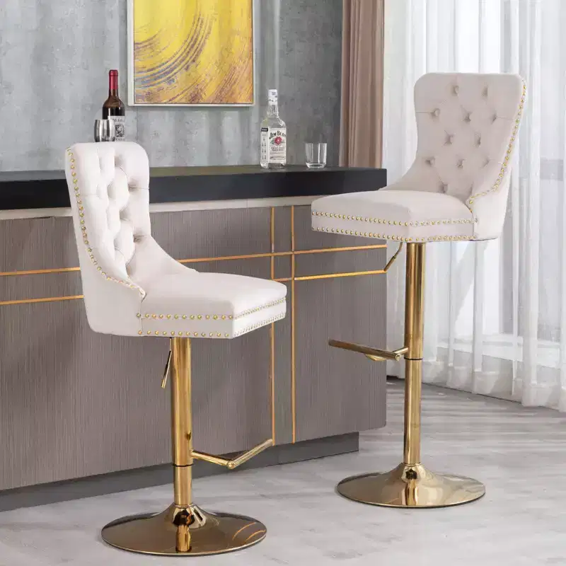 Okak Velvet Swivel Bar Stools Set of 2 Adjustable Height 27-35in, Tufted Back Thick Golden Barstools for Kitchen Island Home Pub