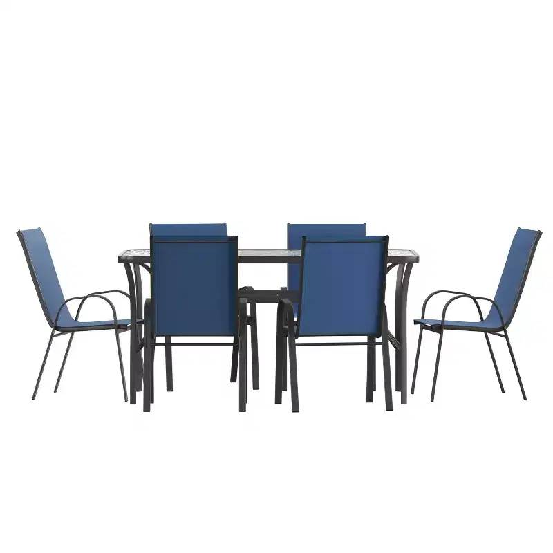 Flash Furniture Brazos 7 Piece Commercial Grade Patio Dining Set with Tempered Glass Patio Table and 6 Chairs with Flex Comfort Material Seats and Backs