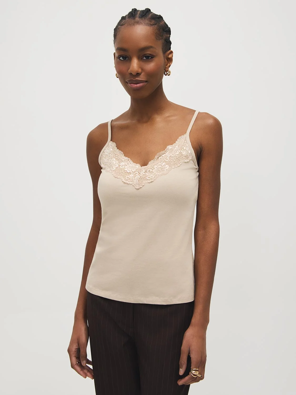 Cotton-Blend Tank Top With Lace Trim