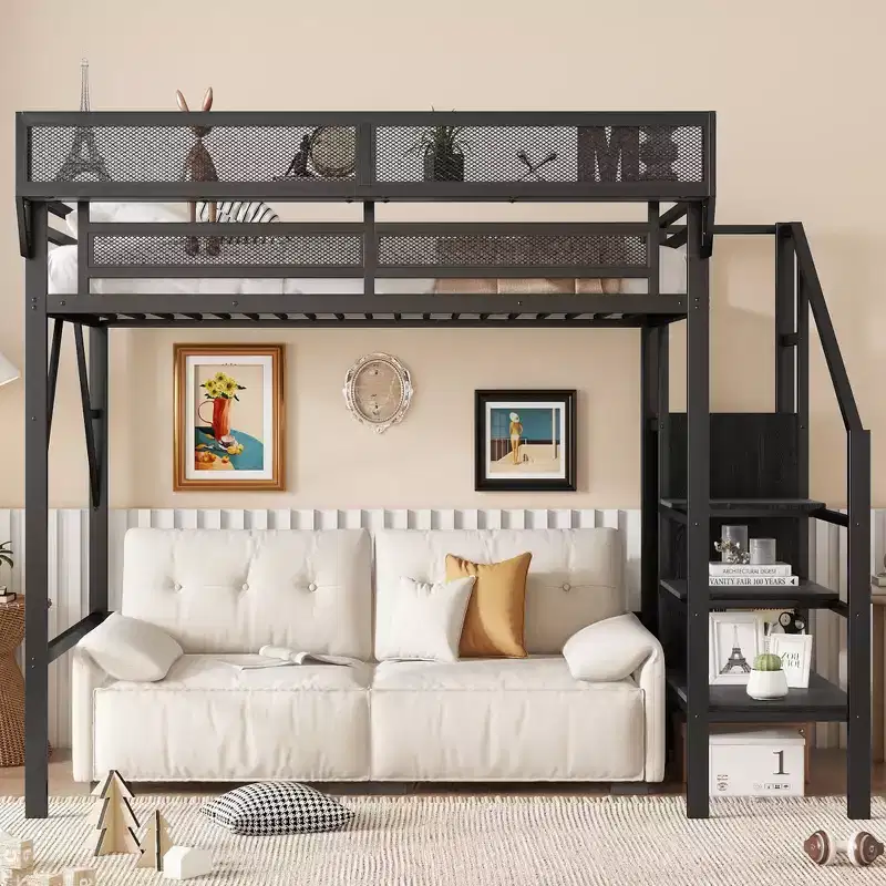 Okak 94IN Twin Size Loft Bed with Wardrobe, Twin Bed with Storage Shelves and Basket, Bed Frames for Bedroom, Dormitory