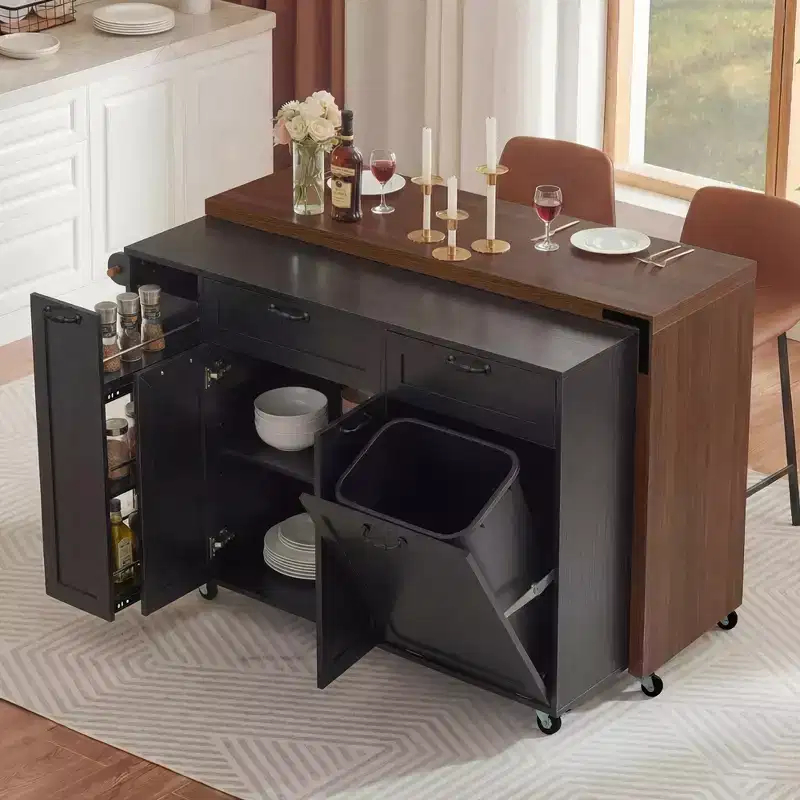 FAMYYT 102.3 Kitchen Rolling Island Cart with Extendable Dining Table, Trash Storage Cabinet, 3-Tier Pull-Out Spice Rack, 2 Drawers