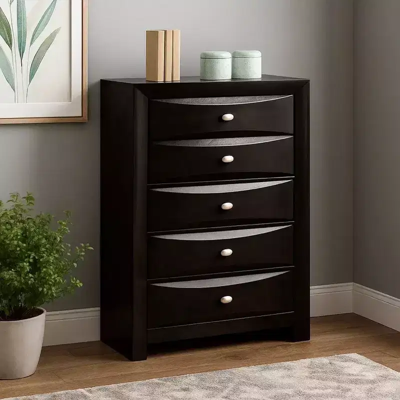 Tall Dresser Chest, 5 Drawers, Chrome Handles, Modern Black Wood
