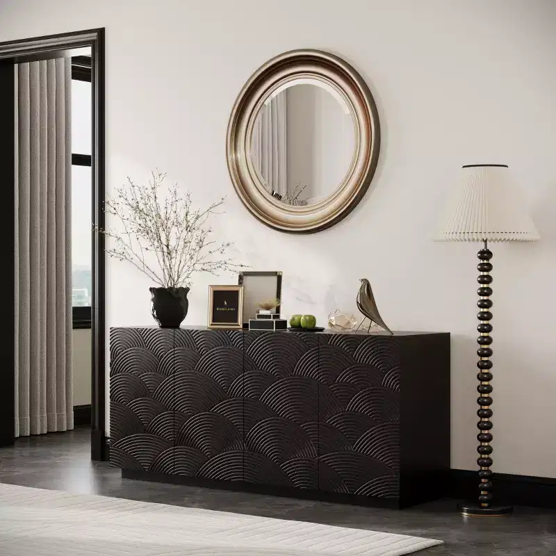 60 Modern Black Sideboard Buffet Cabinet & TV Stand, Low Profile Media Console with Textured Scalloped Doors - Panipeachy