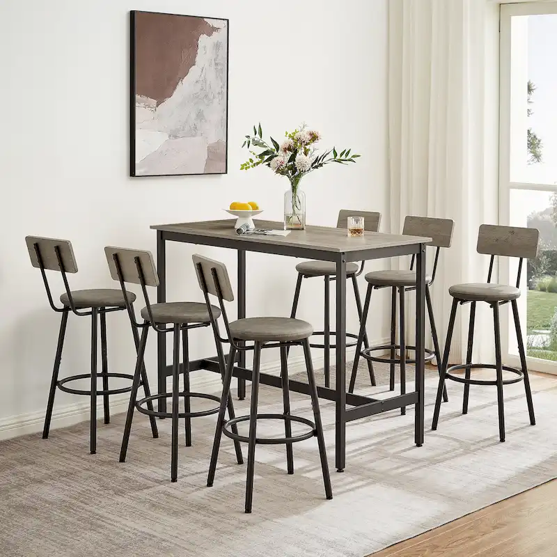 7-Piece Bar Table and Chairs Set with PU Leather Stools