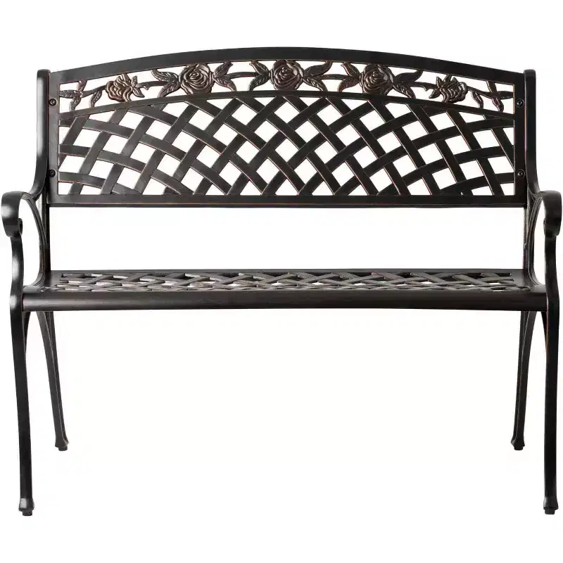 63285 Scarlet Cast Aluminum Patio Bench Heavy Duty Rust Free Metal Construction Lightweight Easy Assembly For Front Porch - Antique Bronze Finish