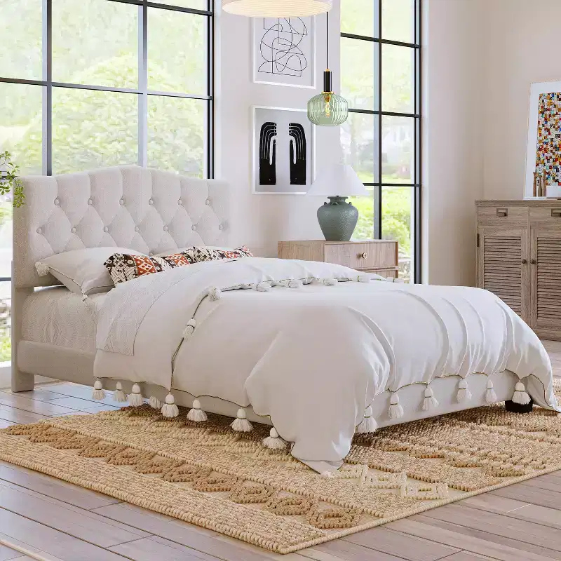 Upholstered Platform Bed with Adjustable Saddle-Curved Headboard