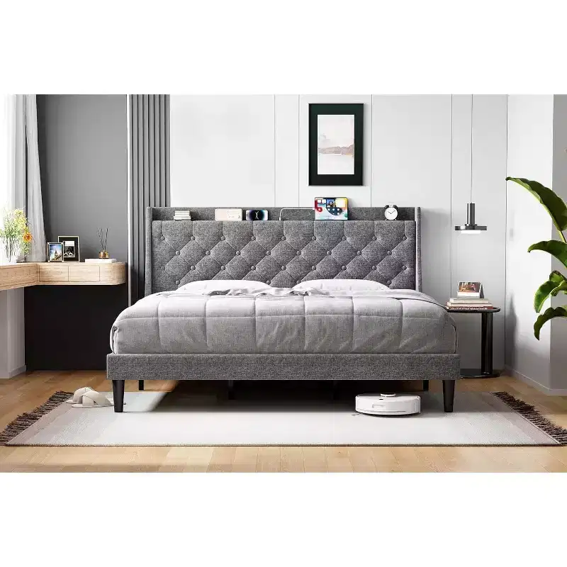 King Size Upholstered Bed Frame with USB Ports, Wingback Headboard, Storage Shelf, and Charging Station Button Tufted Design