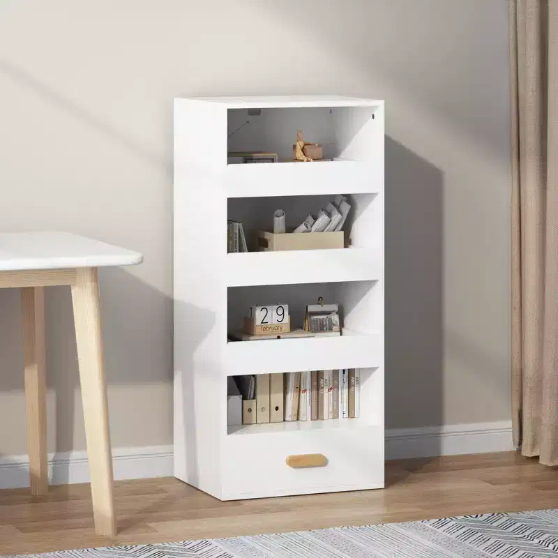 4-Tier Freestanding Bookshelf with 3 Sliding Drawers and 1 Bottom Drawer
