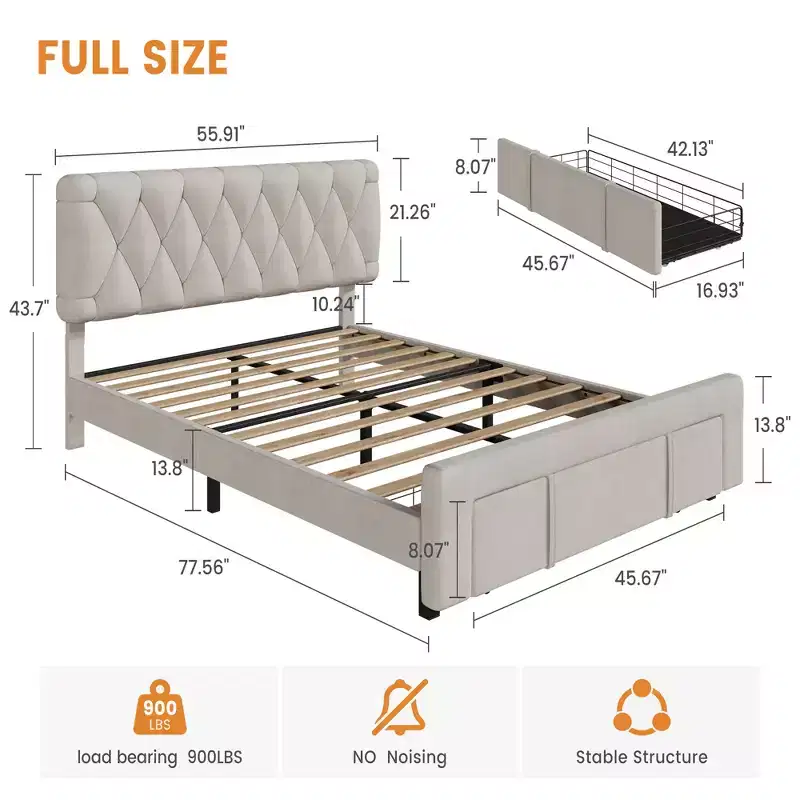 Bed frame, modern upholstered bed frame with tufted headboard and storage drawers - heavy-duty wooden slats, no box spring required, easy assembly
