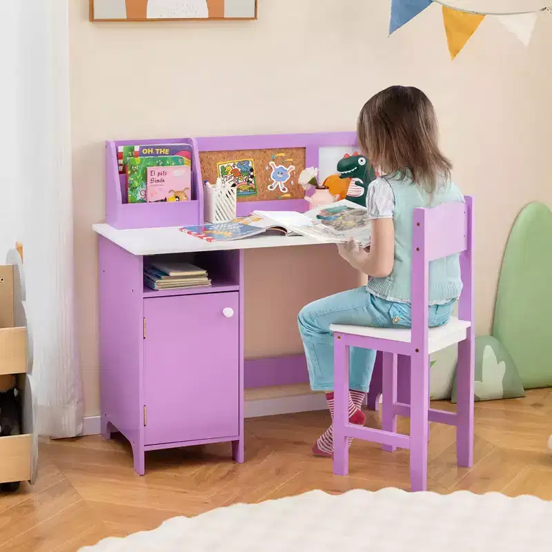 Costway Kids Study Desk with Chair, Whiteboard, Marker, Hutch, Storage Cabinet Purple/White