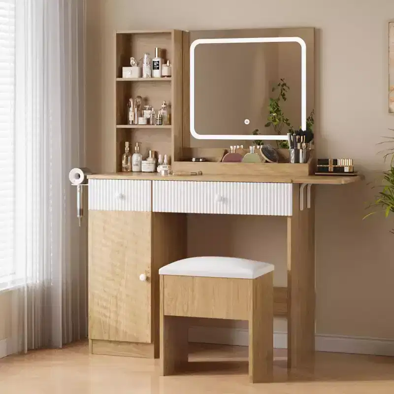 Vanity Table with LED Lights & Charging Station  Makeup Table with Mirror, Drawers, Storage Stool & Power Outlets