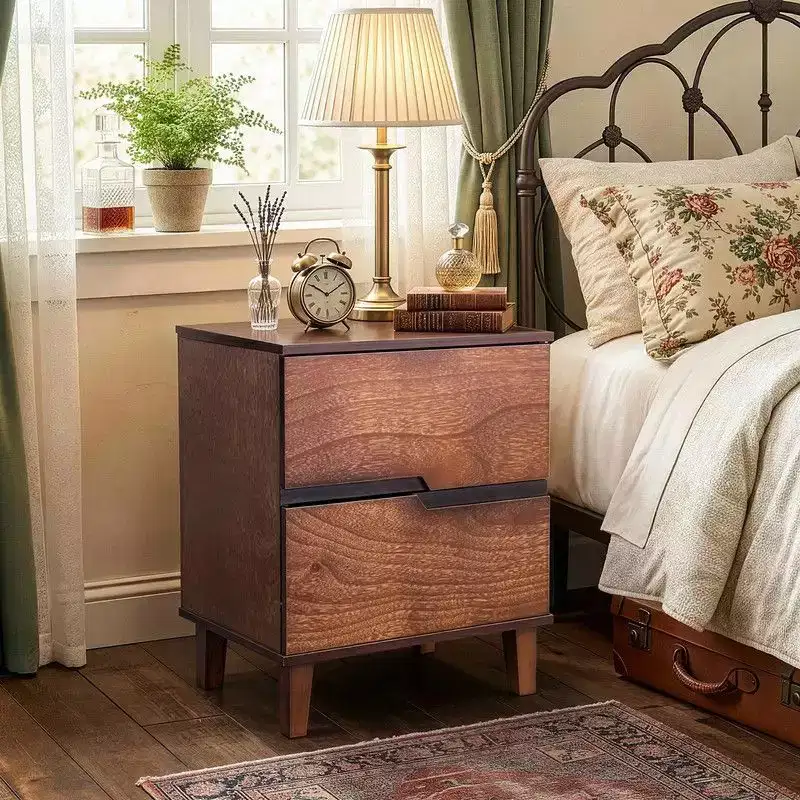 Karl Home Brown P2 MDF Nightstand Solid Legs Handleless 2 Drawers 20.1 Inch