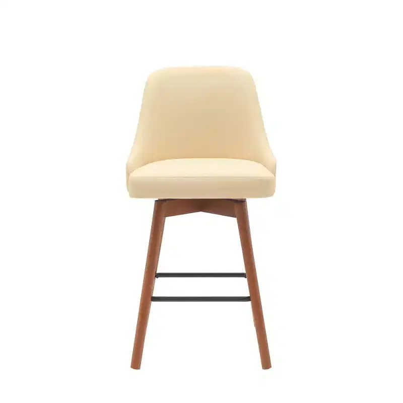 26 Cream and Wood Brown Faux Leather with Solid Wood Swivel Counter Height Bar Chair