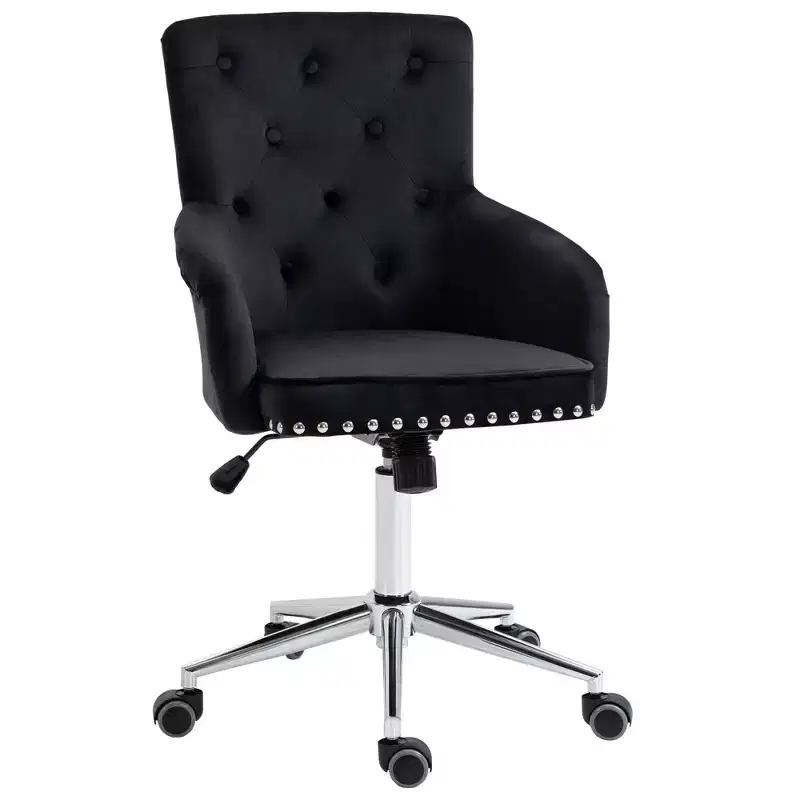 HOMCOM Mid-back Desk Chair with Button Tufted Velvet Back, Nailhead Trim, Swivel Home Office Chair with Adjustable Height, Padded Armrests, Black